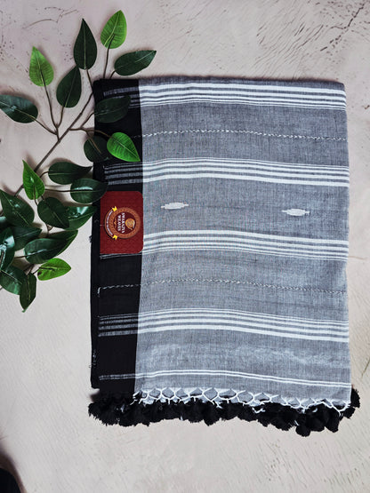 Black, Grey & White Jamdani Woven Mul Cotton Saree with Black Tassels