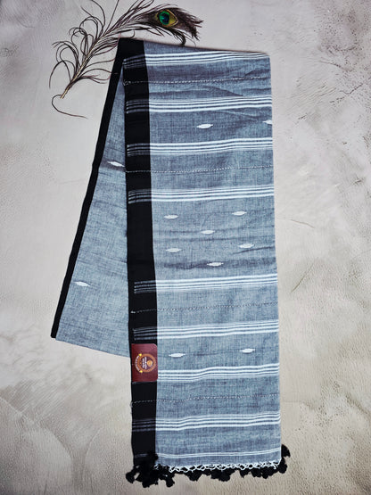 Black, Grey & White Jamdani Woven Mul Cotton Saree with Black Tassels