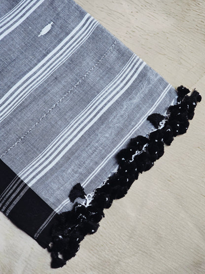Black, Grey & White Jamdani Woven Mul Cotton Saree with Black Tassels