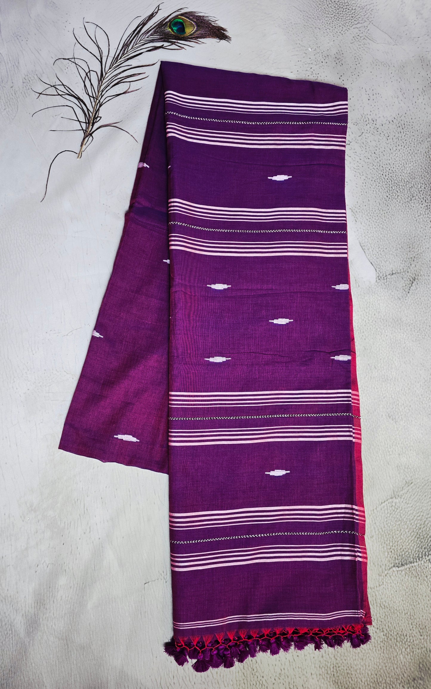 Royal Purple & White Jamdani Woven Mul Cotton Saree with Magenta Accents