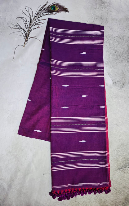 Royal Purple & White Jamdani Woven Mul Cotton Saree with Magenta Accents