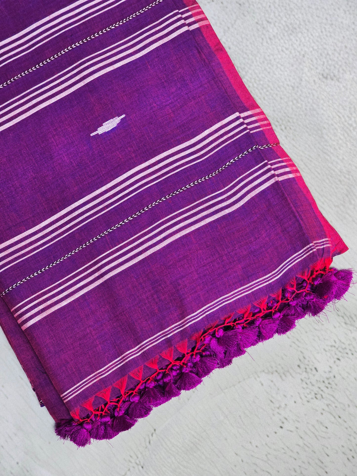 Royal Purple & White Jamdani Woven Mul Cotton Saree with Magenta Accents
