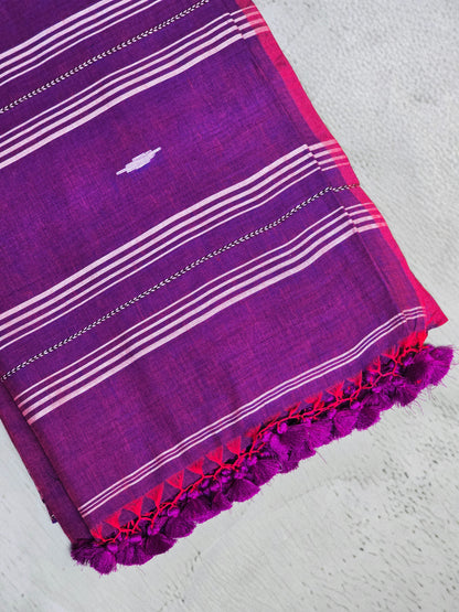 Royal Purple & White Jamdani Woven Mul Cotton Saree with Magenta Accents