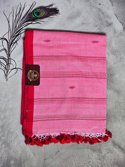 Blush Pink & Crimson Jamdani Woven Mul Cotton Saree with Crimson Tassels