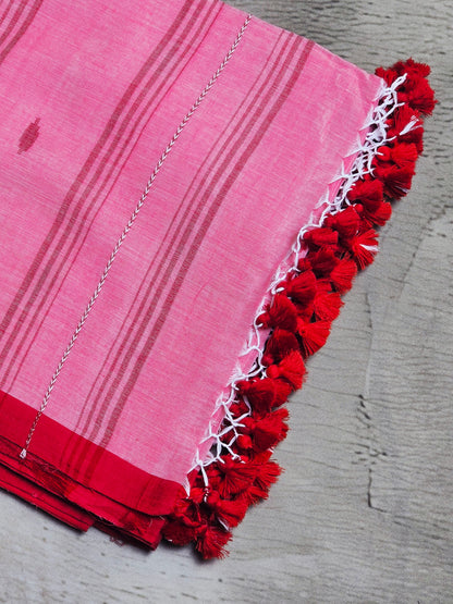 Blush Pink & Crimson Jamdani Woven Mul Cotton Saree with Crimson Tassels