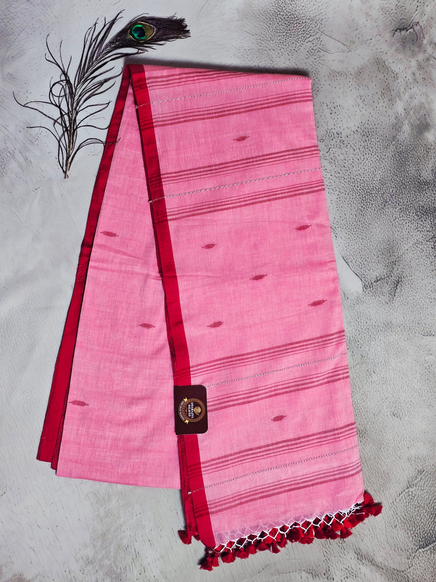 Blush Pink & Crimson Jamdani Woven Mul Cotton Saree with Crimson Tassels