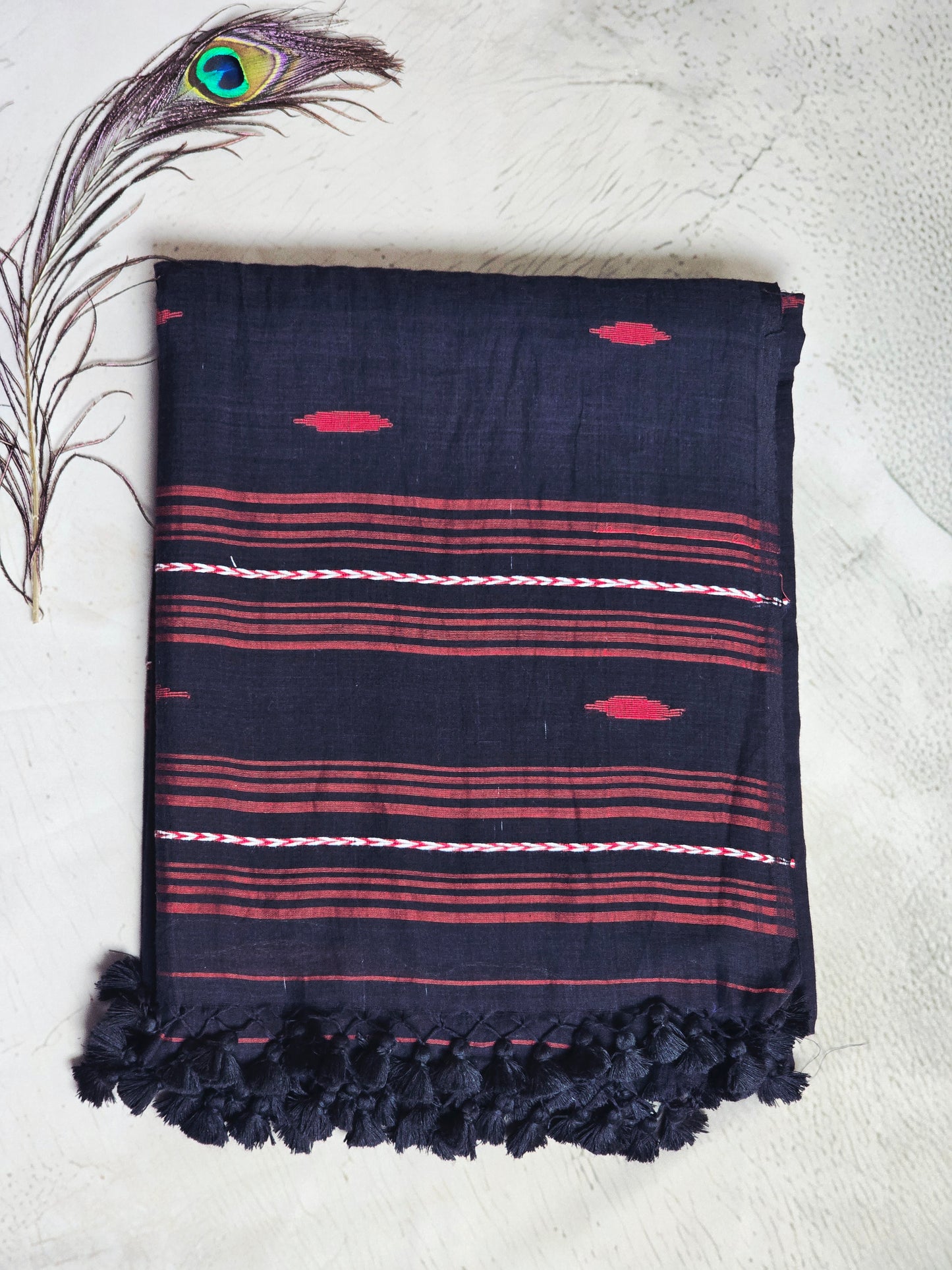 Black & Crimson Jamdani Woven Mul Cotton Saree with Handcrafted Tassels