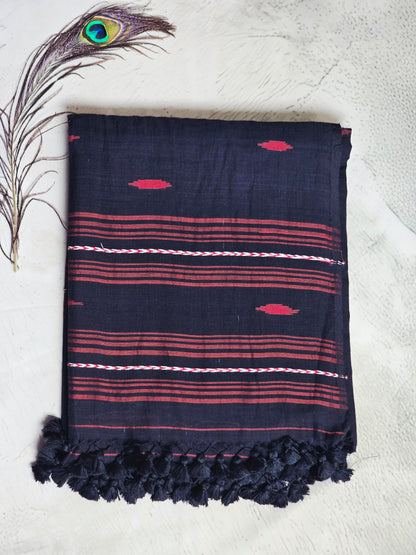 Black & Crimson Jamdani Woven Mul Cotton Saree with Handcrafted Tassels