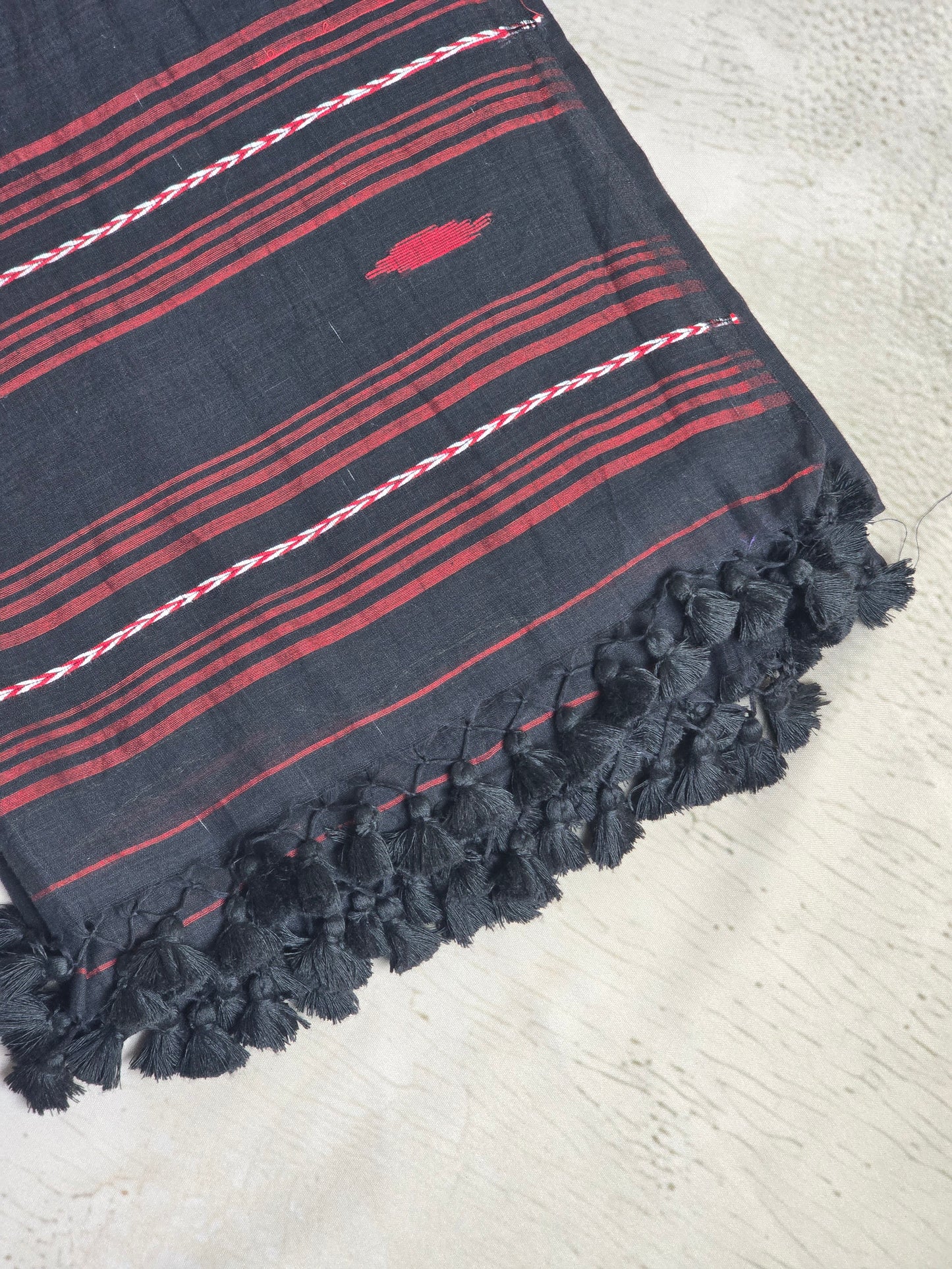 Black & Crimson Jamdani Woven Mul Cotton Saree with Handcrafted Tassels
