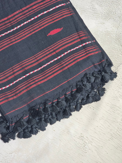 Black & Crimson Jamdani Woven Mul Cotton Saree with Handcrafted Tassels