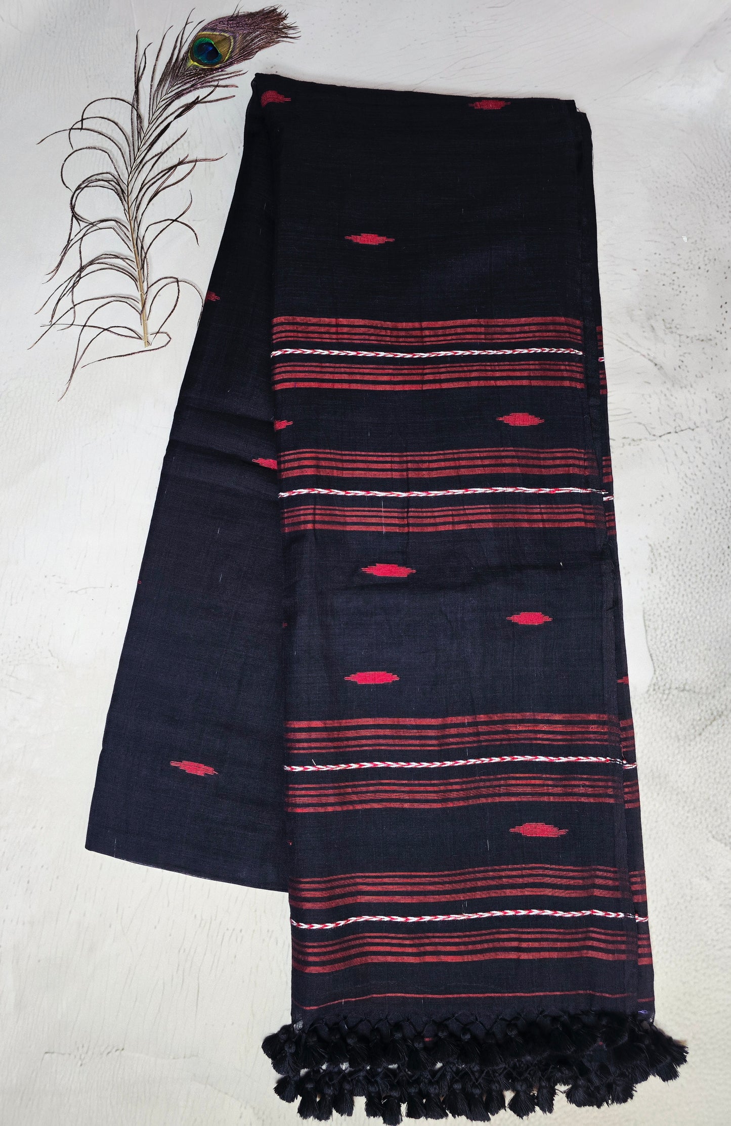 Black & Crimson Jamdani Woven Mul Cotton Saree with Handcrafted Tassels