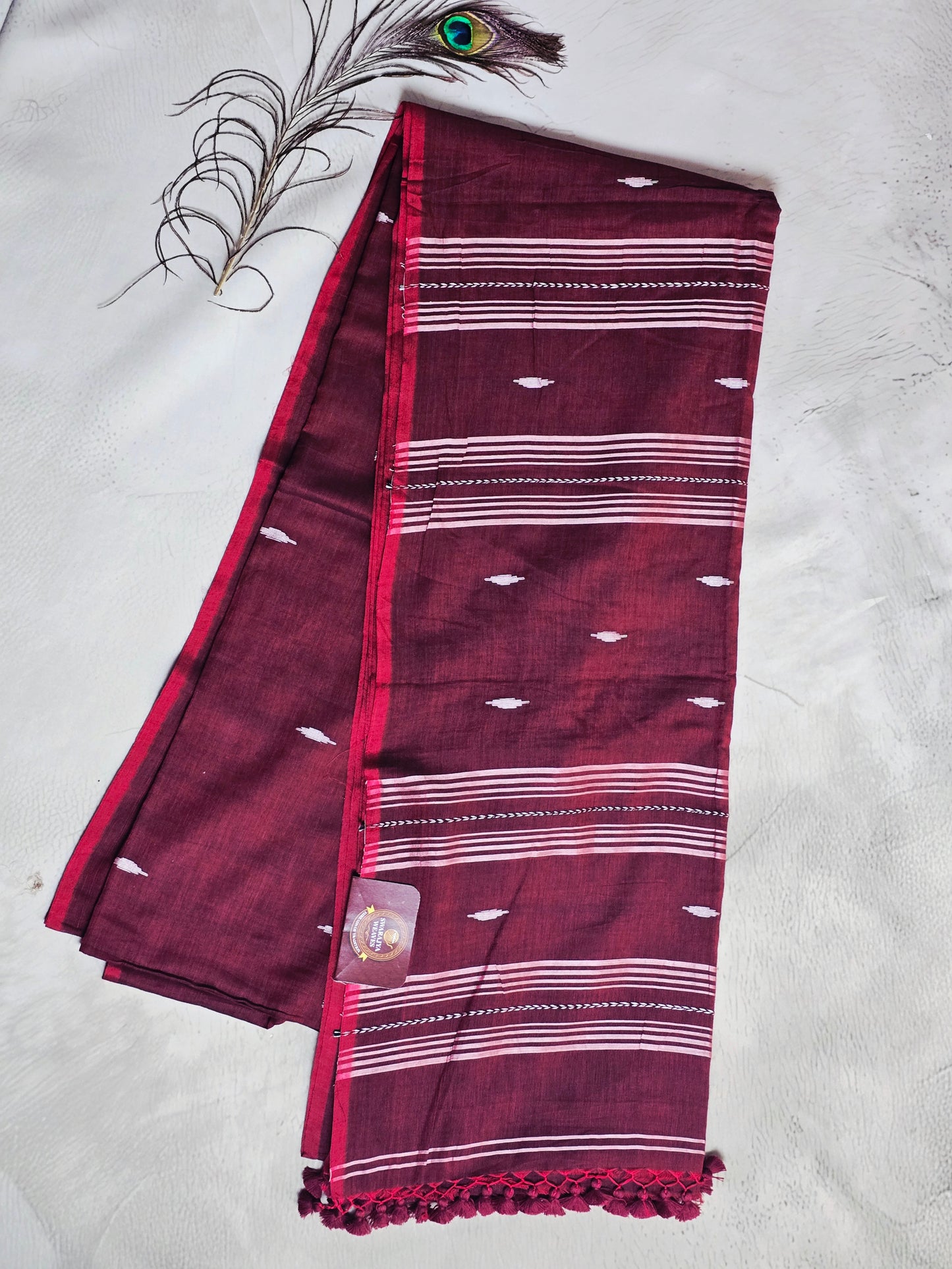 Wine & White Jamdani Woven Mul Cotton Saree with Crimson Border