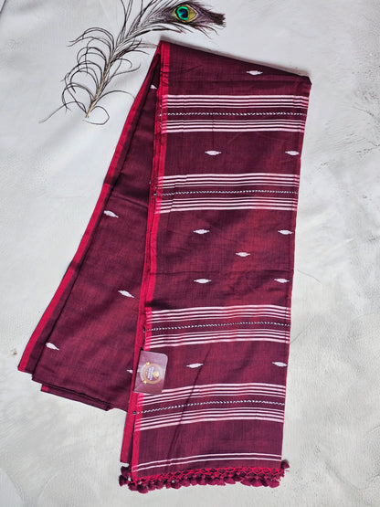 Wine & White Jamdani Woven Mul Cotton Saree with Crimson Border