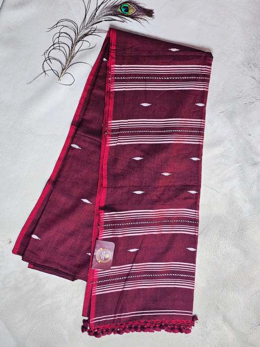 Wine & White Jamdani Woven Mul Cotton Saree with Crimson Border