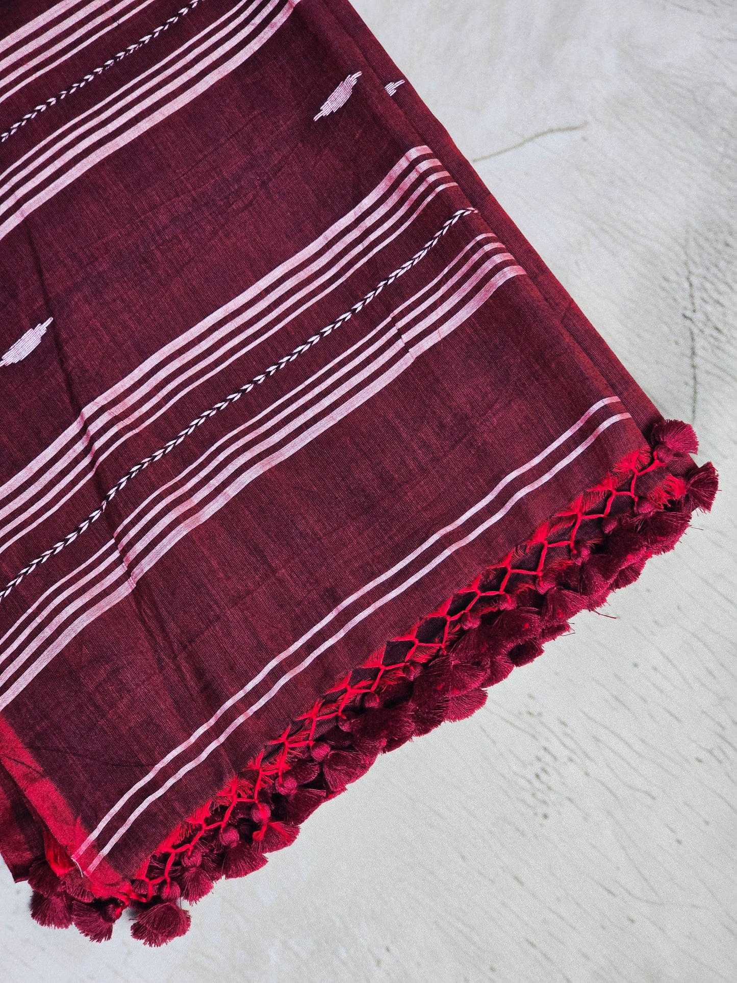 Wine & White Jamdani Woven Mul Cotton Saree with Crimson Border