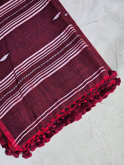 Wine & White Jamdani Woven Mul Cotton Saree with Crimson Border