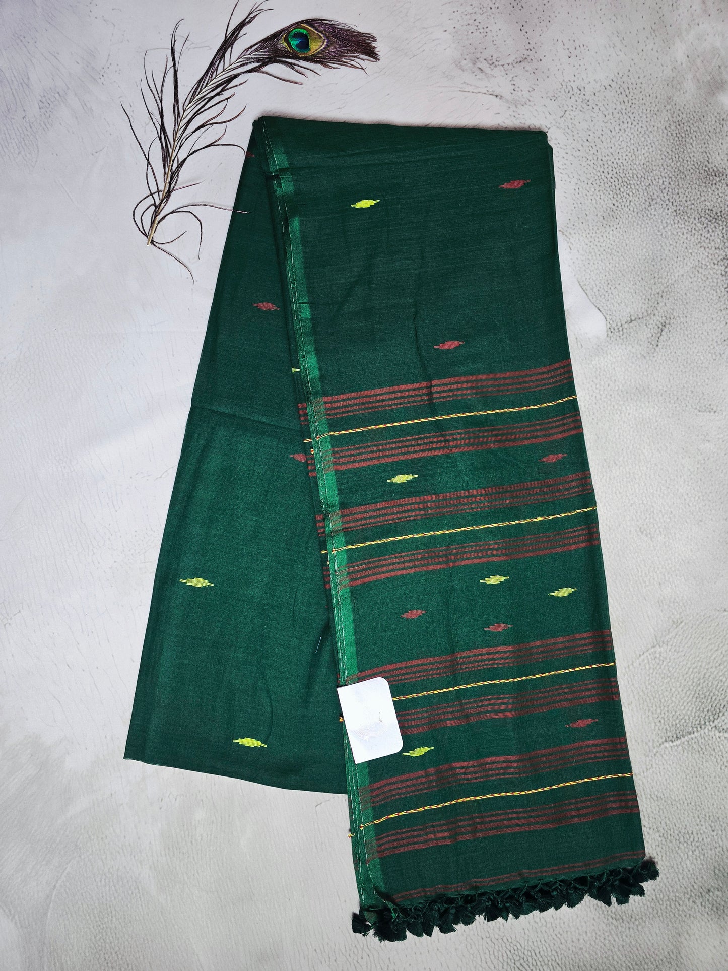 Forest Green & Maroon Jamdani Woven Mul Cotton Saree with Olive Butis