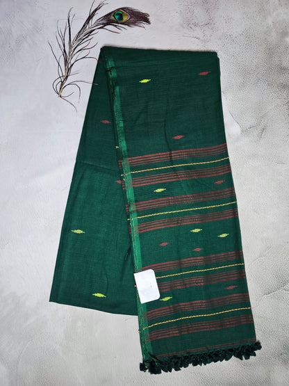 Forest Green & Maroon Jamdani Woven Mul Cotton Saree with Olive Butis
