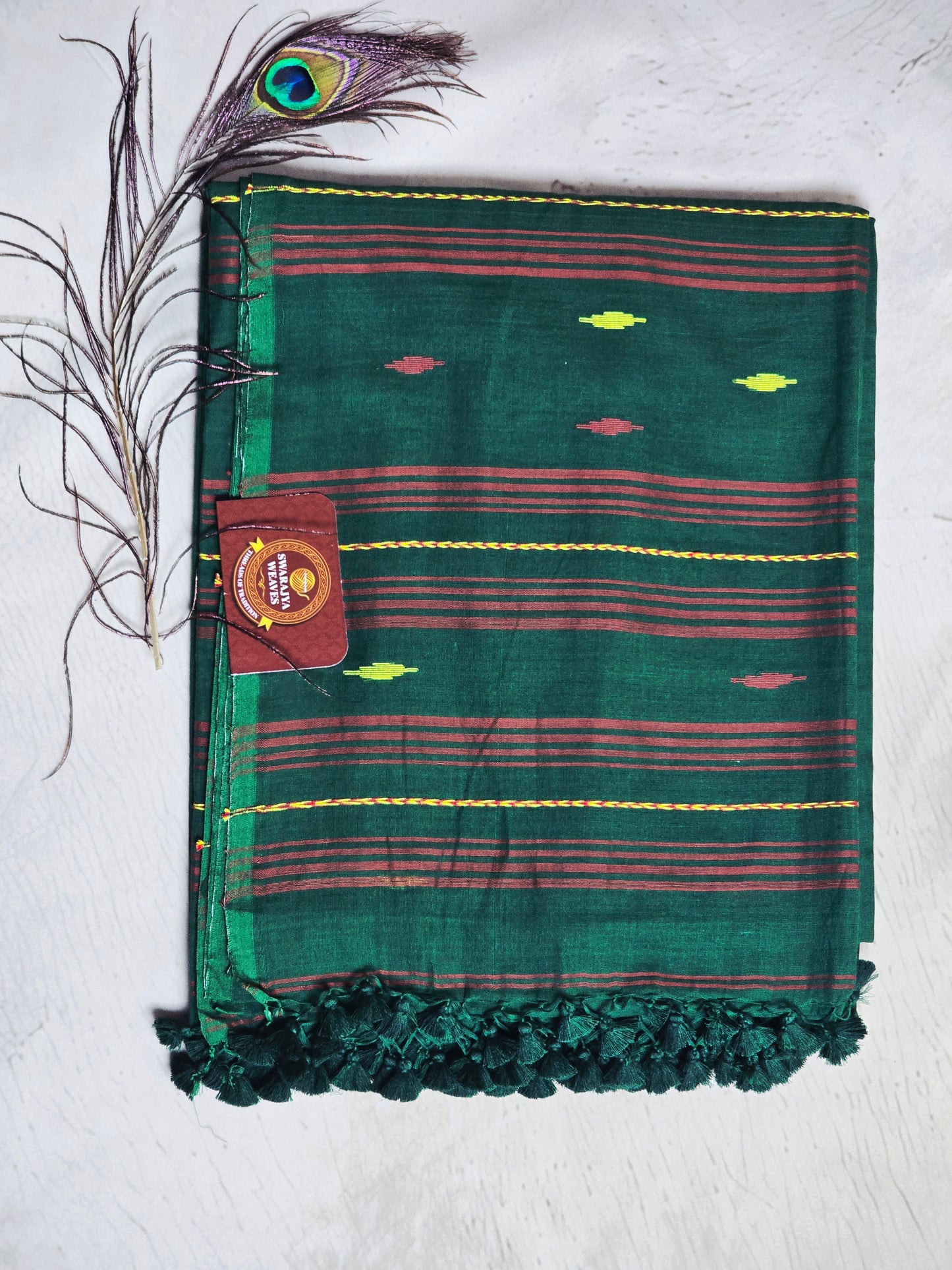 Forest Green & Maroon Jamdani Woven Mul Cotton Saree with Olive Butis