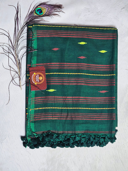 Forest Green & Maroon Jamdani Woven Mul Cotton Saree with Olive Butis
