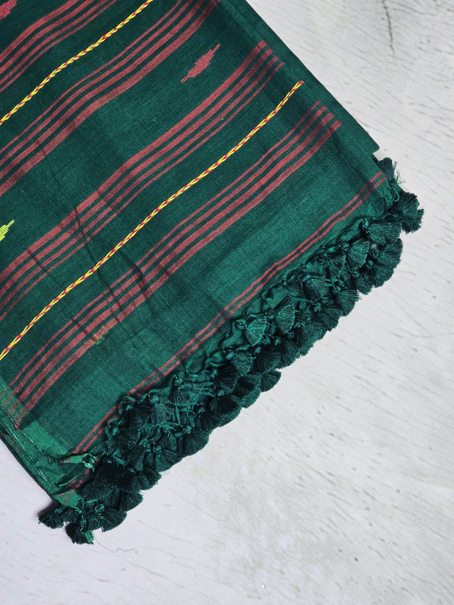 Forest Green & Maroon Jamdani Woven Mul Cotton Saree with Olive Butis