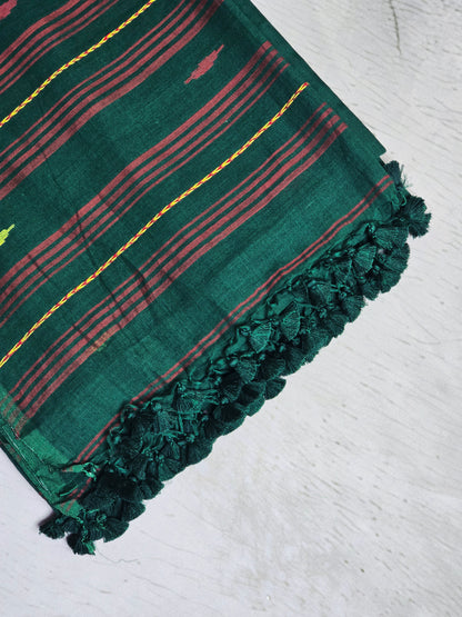 Forest Green & Maroon Jamdani Woven Mul Cotton Saree with Olive Butis