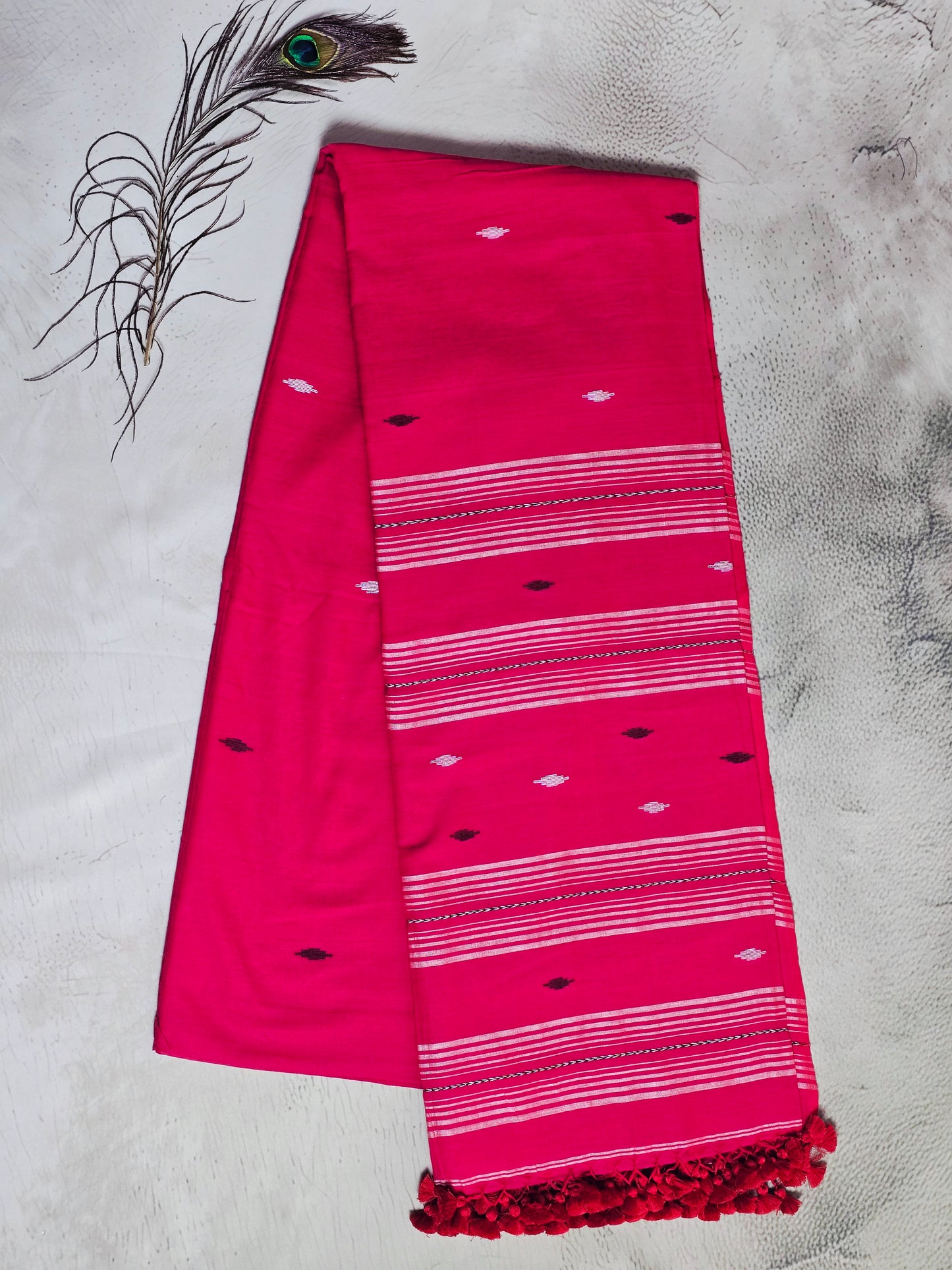 Hot Pink & White Jamdani Woven Mul Cotton Saree with Ruby Accents