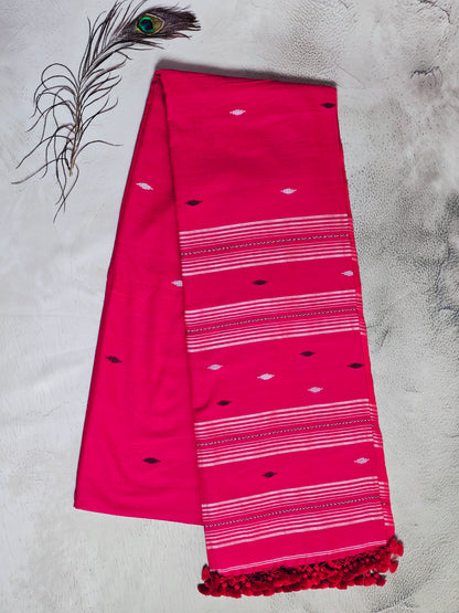 Hot Pink & White Jamdani Woven Mul Cotton Saree with Ruby Accents