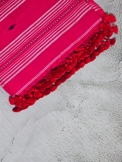 Hot Pink & White Jamdani Woven Mul Cotton Saree with Ruby Accents