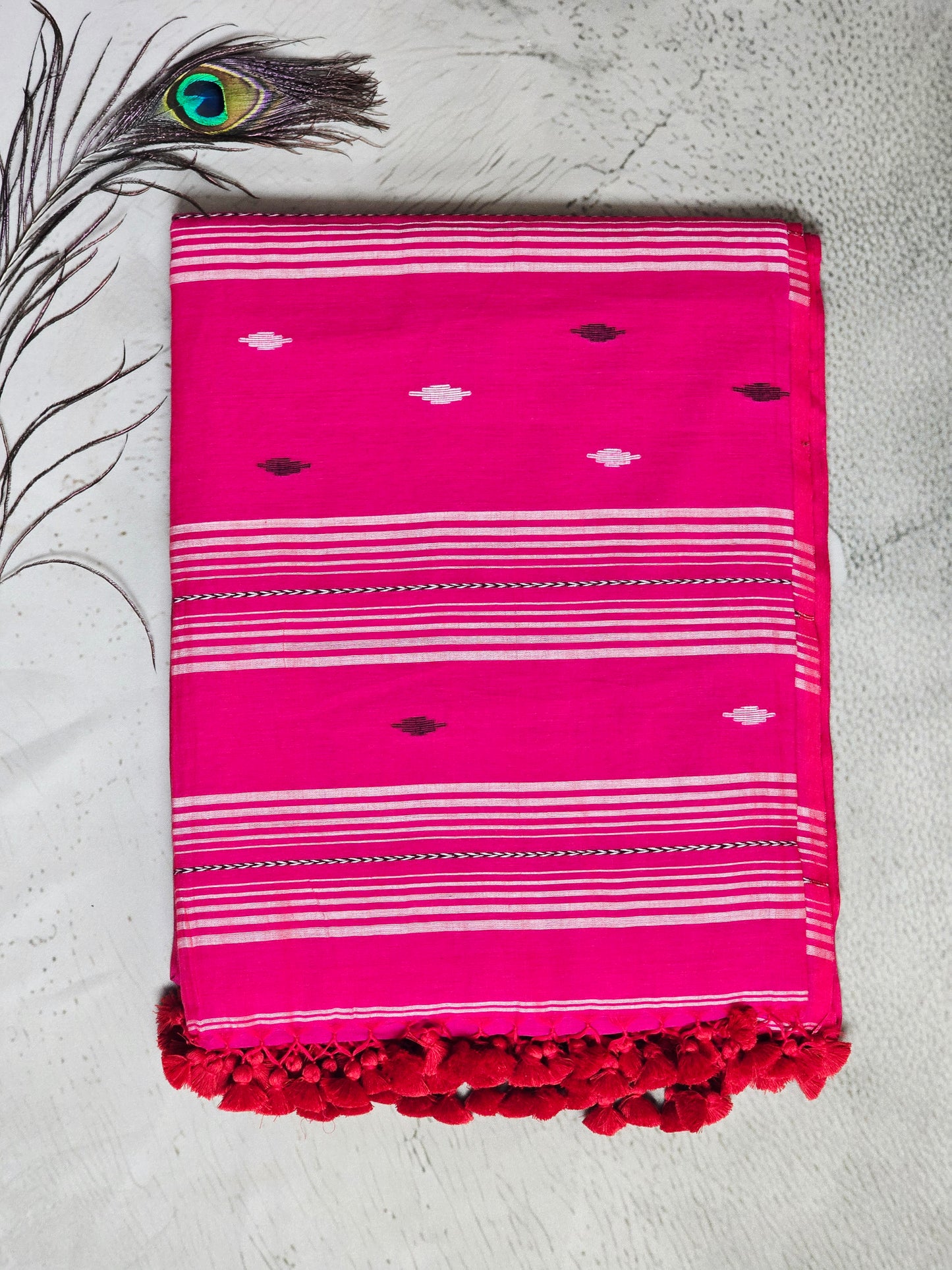 Hot Pink & White Jamdani Woven Mul Cotton Saree with Ruby Accents