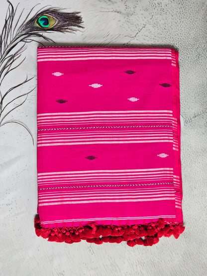 Hot Pink & White Jamdani Woven Mul Cotton Saree with Ruby Accents