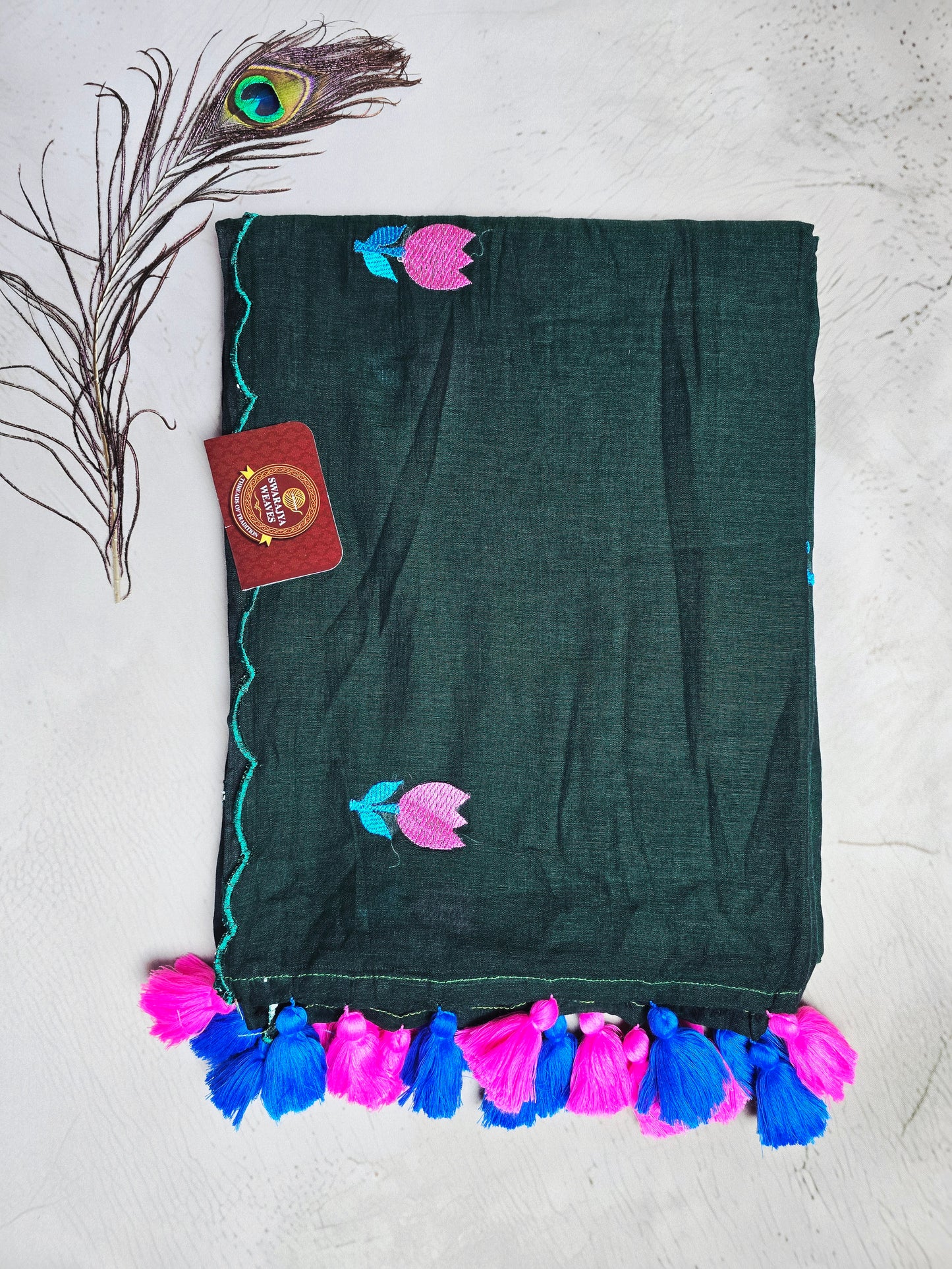 Bottle Green Hand-Painted Pink Tulip Mul Cotton Saree with Pink & Royal Blue Tassels