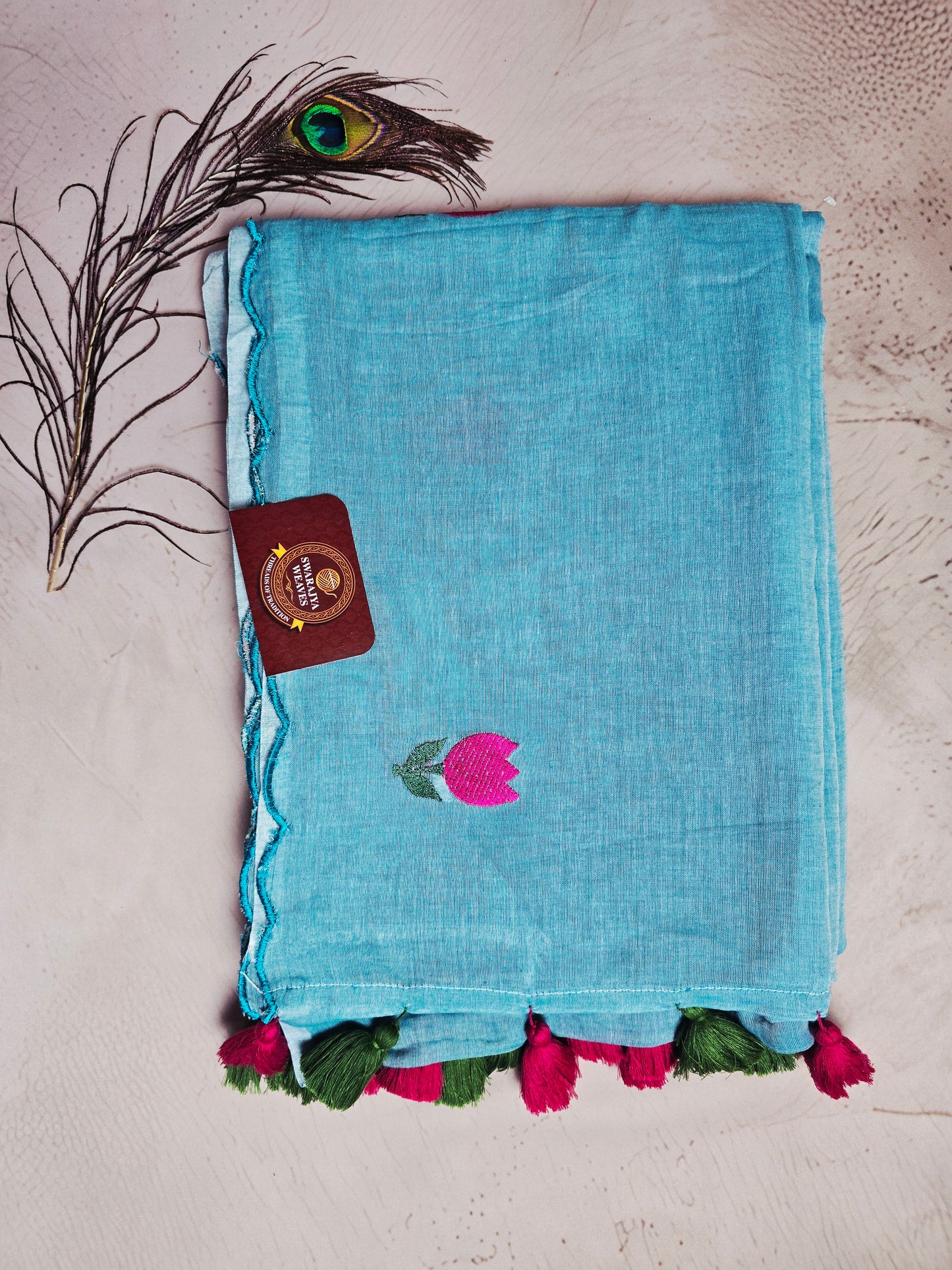 Sky Blue Hand-Painted Pink Tulip Mul Cotton Saree with Pink & Olive Green Tassels