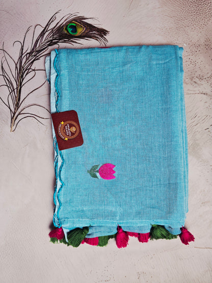 Sky Blue Hand-Painted Pink Tulip Mul Cotton Saree with Pink & Olive Green Tassels