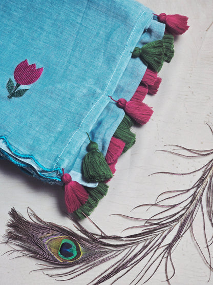 Sky Blue Hand-Painted Pink Tulip Mul Cotton Saree with Pink & Olive Green Tassels