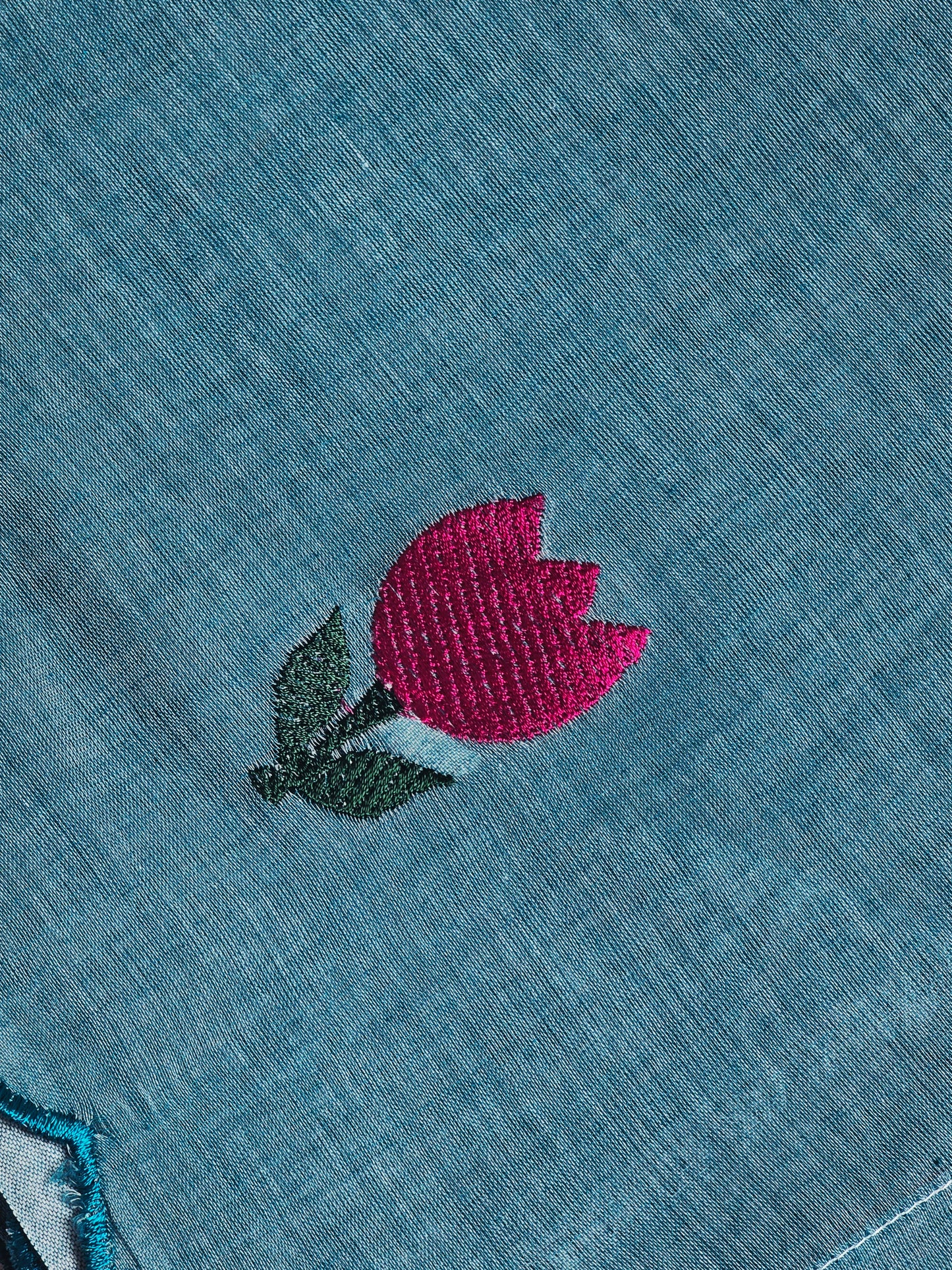 Sky Blue Hand-Painted Pink Tulip Mul Cotton Saree with Pink & Olive Green Tassels