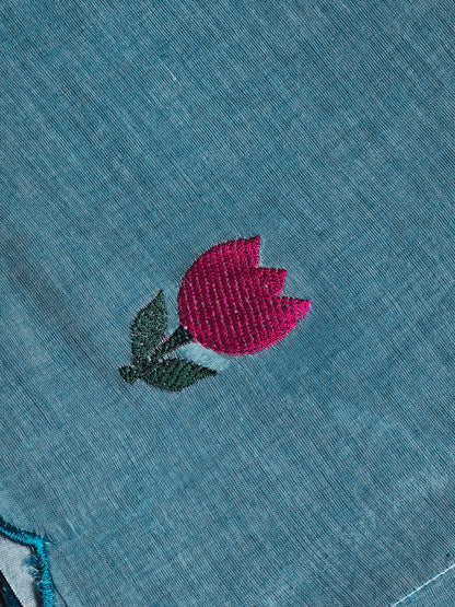 Sky Blue Hand-Painted Pink Tulip Mul Cotton Saree with Pink & Olive Green Tassels