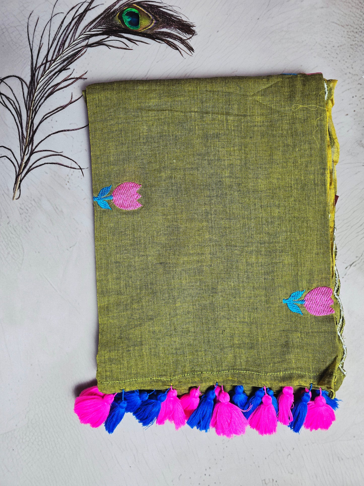 Olive Green Embroidered Tulip Mul Cotton Saree with Pink & Royal Blue Tassels