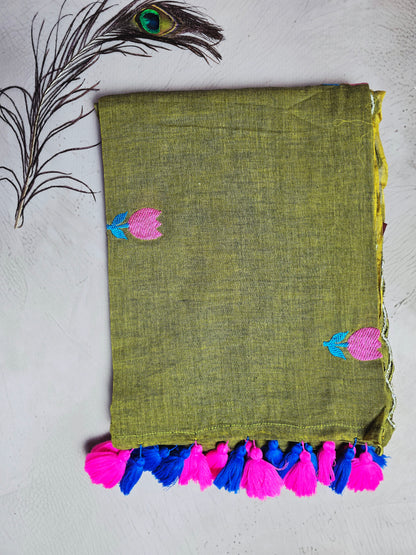 Olive Green Embroidered Tulip Mul Cotton Saree with Pink & Royal Blue Tassels