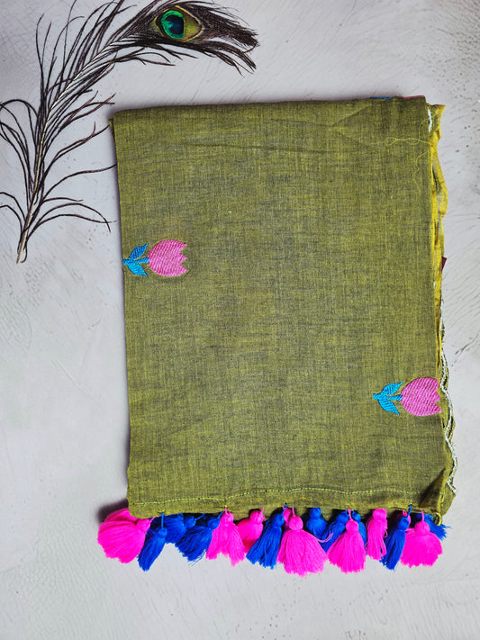 Olive Green Embroidered Tulip Mul Cotton Saree with Pink & Royal Blue Tassels
