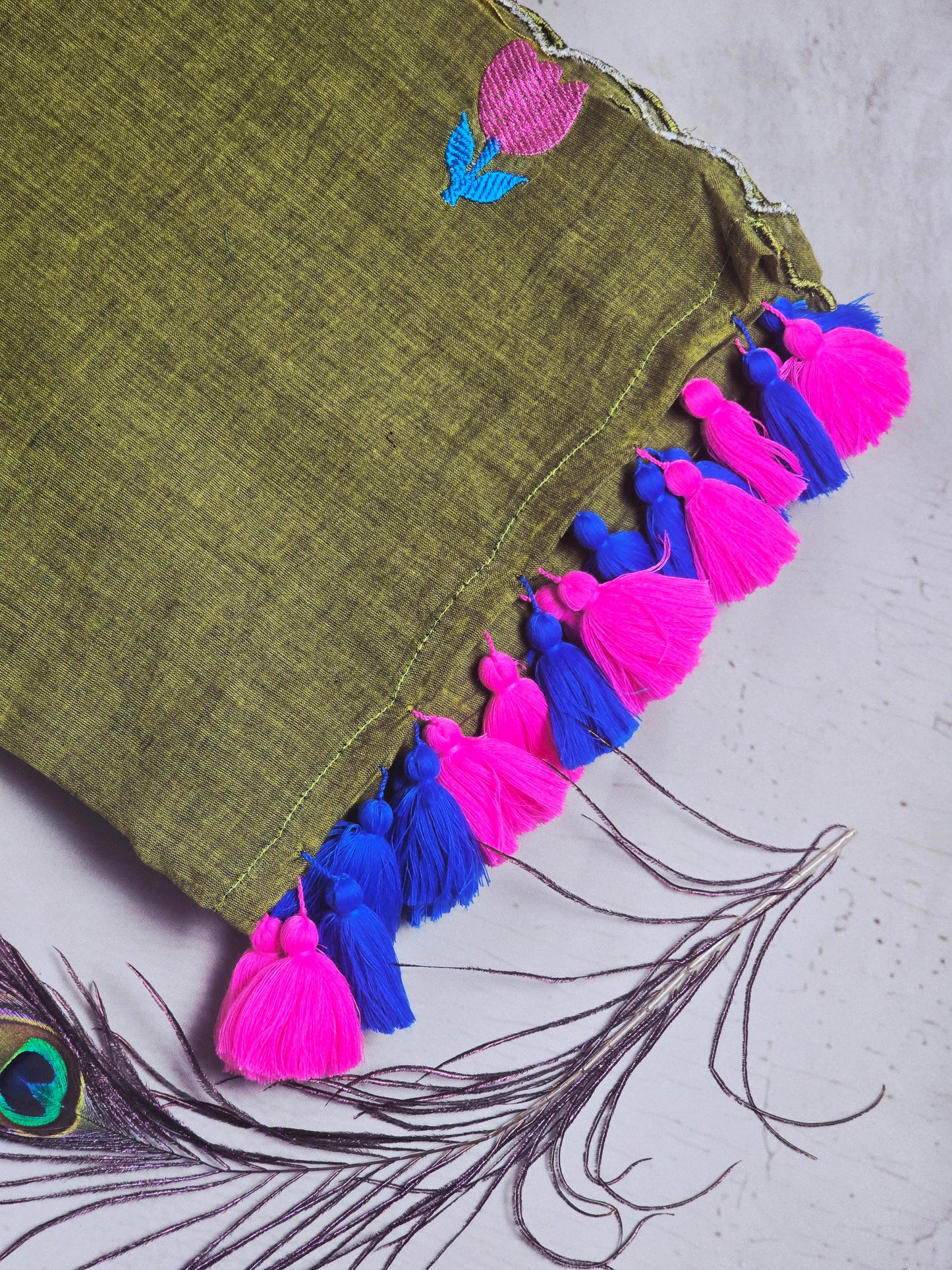Olive Green Embroidered Tulip Mul Cotton Saree with Pink & Royal Blue Tassels