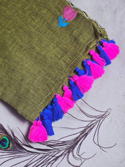 Olive Green Embroidered Tulip Mul Cotton Saree with Pink & Royal Blue Tassels