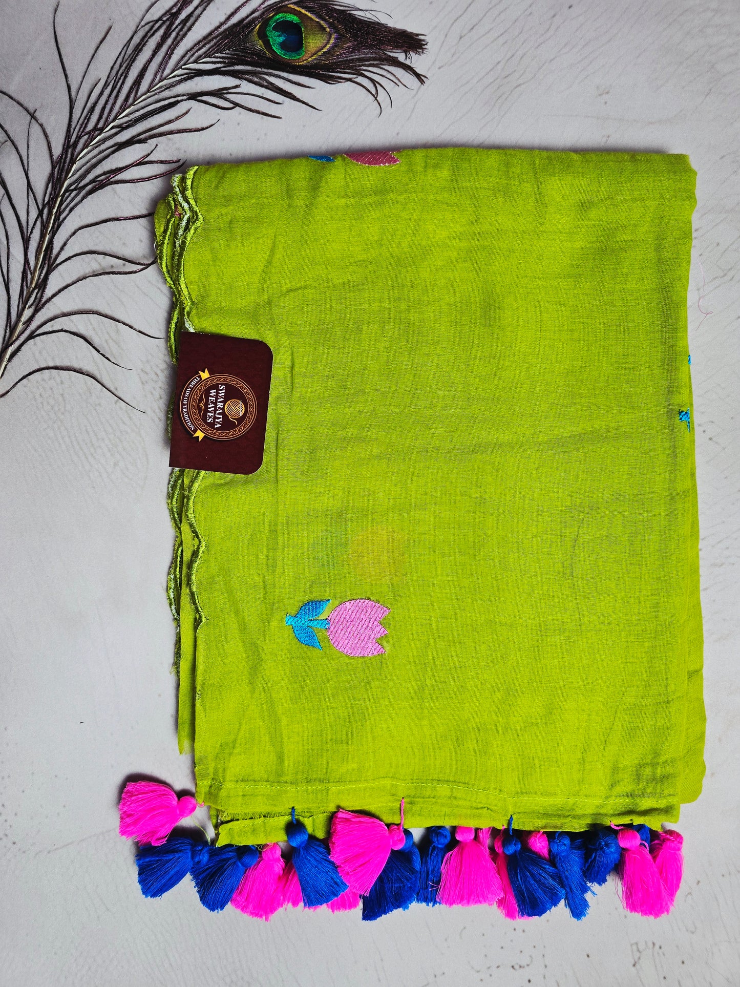 Lime Green Embroidered Tulip Mul Cotton Saree with Pink & Royal Blue Tassels