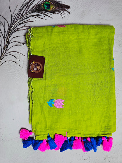 Lime Green Embroidered Tulip Mul Cotton Saree with Pink & Royal Blue Tassels