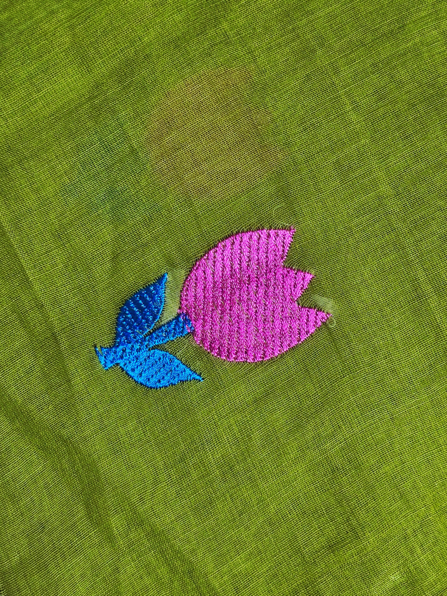 Lime Green Embroidered Tulip Mul Cotton Saree with Pink & Royal Blue Tassels