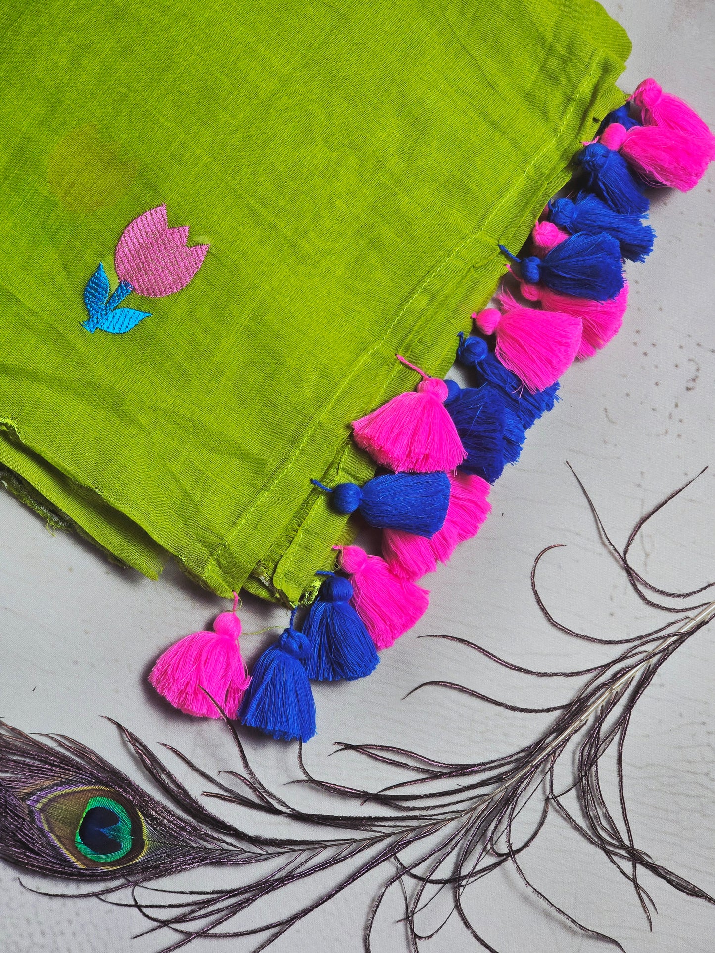 Lime Green Embroidered Tulip Mul Cotton Saree with Pink & Royal Blue Tassels