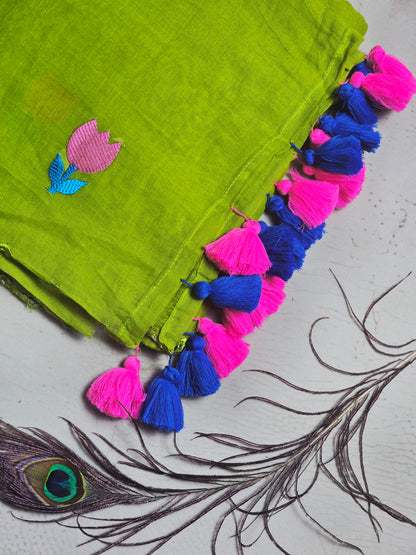 Lime Green Embroidered Tulip Mul Cotton Saree with Pink & Royal Blue Tassels