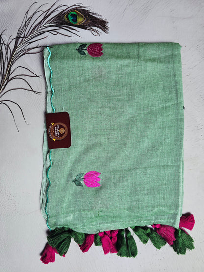 Mint Green Embroidered Tulip Mul Cotton Saree with Green & Magenta Tassels