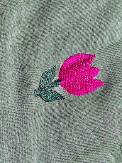 Mint Green Embroidered Tulip Mul Cotton Saree with Green & Magenta Tassels