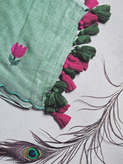 Mint Green Embroidered Tulip Mul Cotton Saree with Green & Magenta Tassels